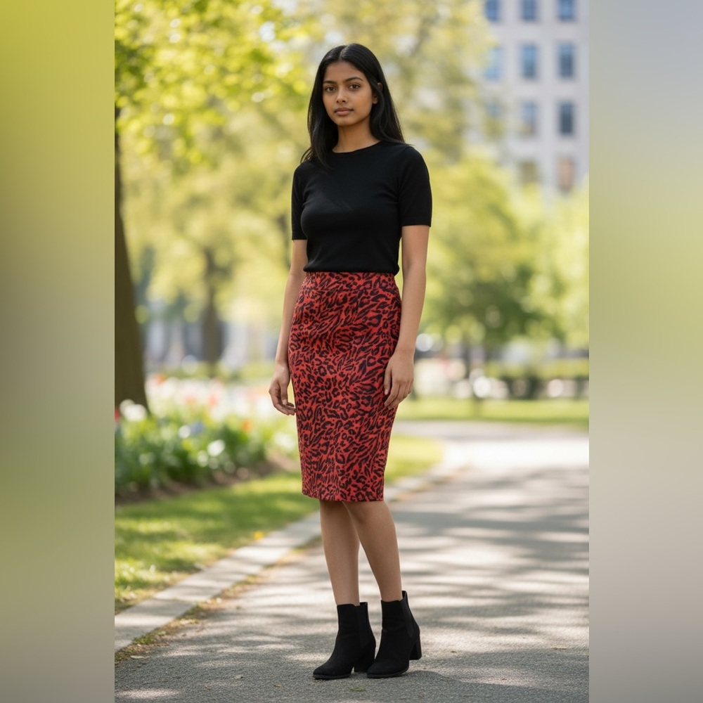 Do + Be Leopard Print Pencil Skirt Orange Bodycon Midi Fitted Stretch Medium - Picture 2 of 5